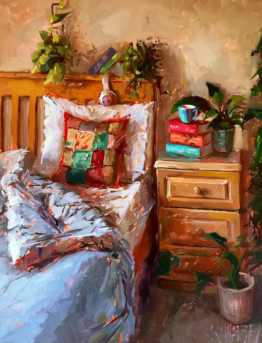 kmmartellart's tweet photo. “Rhysand Mornings” - 30x40cm - oil on canvas
.
With my favourite series waiting on the nightstand 
#oilpainter #interiordesign #acotar https://t.co/ywxKeMoTrA