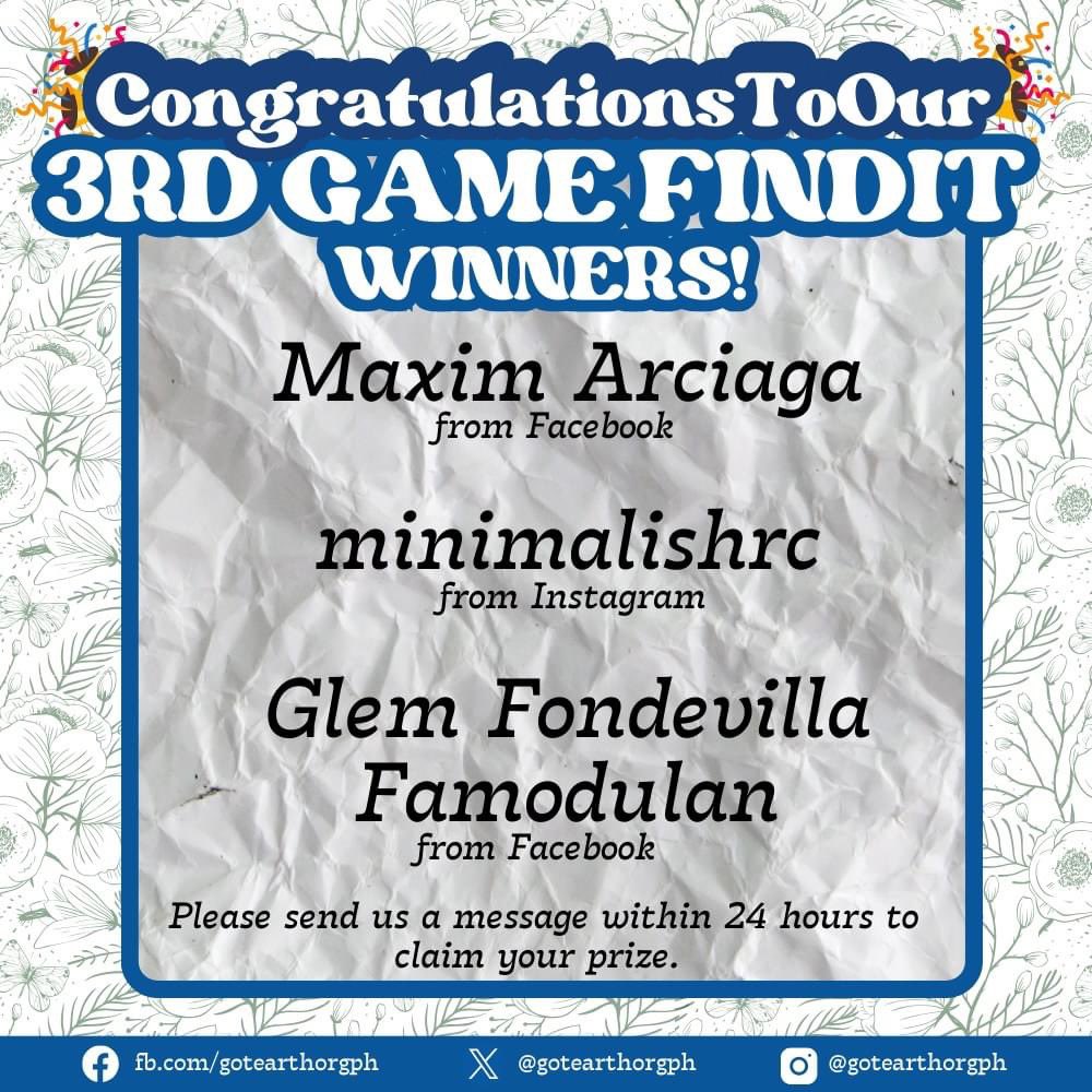 gotearthorgph's tweet photo. #GOTEarthOrgEngage: 𝐖𝐨𝐫𝐝 𝐇𝐮𝐧𝐭 𝐖𝐢𝐧𝐧𝐞𝐫𝐬

We are overjoyed to announce again not just one, but three winners for our game! 🎉 Congratulations to…

1.Maxim Arciaga  from Facebook
2. minimalishrc from from Instagram
3. Glem Fondevilla Famodulan from Facebook https://t.co/YjvRJDyI2i