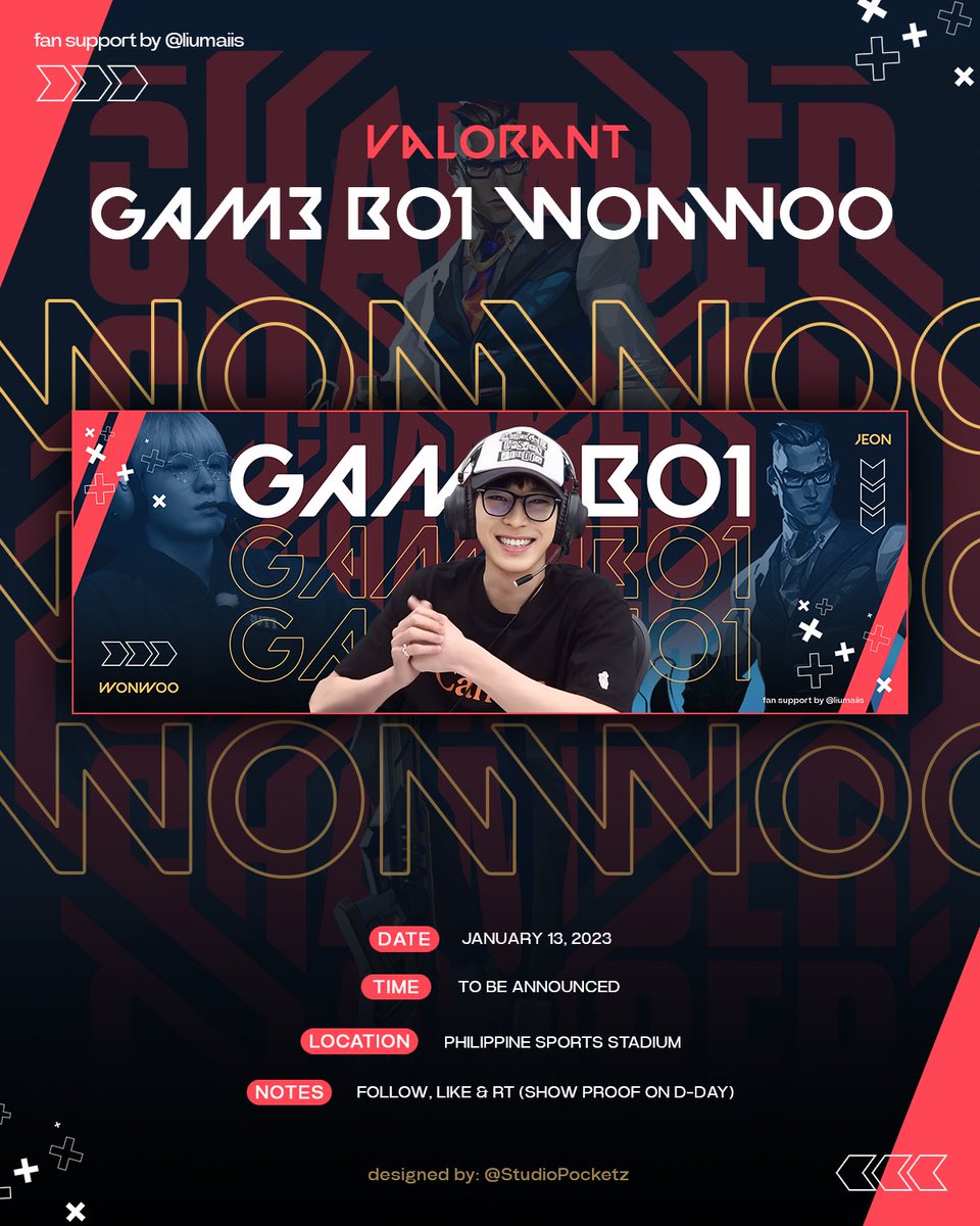 liumaiIs's tweet photo. 🐱 . . . . fan support banner by @liumaiIs .ᐟ

Valorant GAM3 BO1 Wonwoo as your Chamber main ka-duo 🎮⁉️

✧ strictly 1:1 ratio
✧ open for donations &amp; trades
✧ loc: tba
✧ will distribute on january 13 (day 1)

how to claim:
— follow, like, &amp; rt this tweet
#FOLLOW_TO_BULACAN https://t.co/jeVrcWqKOf
