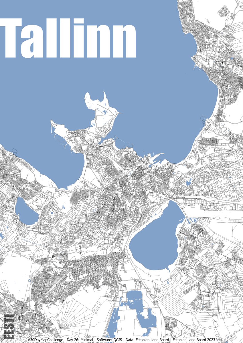 Today’s entry for the #30DayMapChallenge presents an minimalist map of Tallinn. Designed in the colors of the Estonian flag – blue, black and white – the map highlights the clear boundaries of land parcels from the cadastre. Ideal as a postcard to share the beauty of Tallinn.