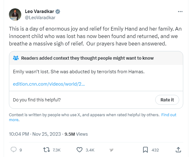 Irish-Israeli nine-year-old Emily Hand was kidnapped by Hamas on 7th October. She has been reunited with her father in a swap for Hamas terrorists. Irish PM @LeoVaradkar refers to her as being 'lost'. What an utterly vile anti-Semite Varadkar is.