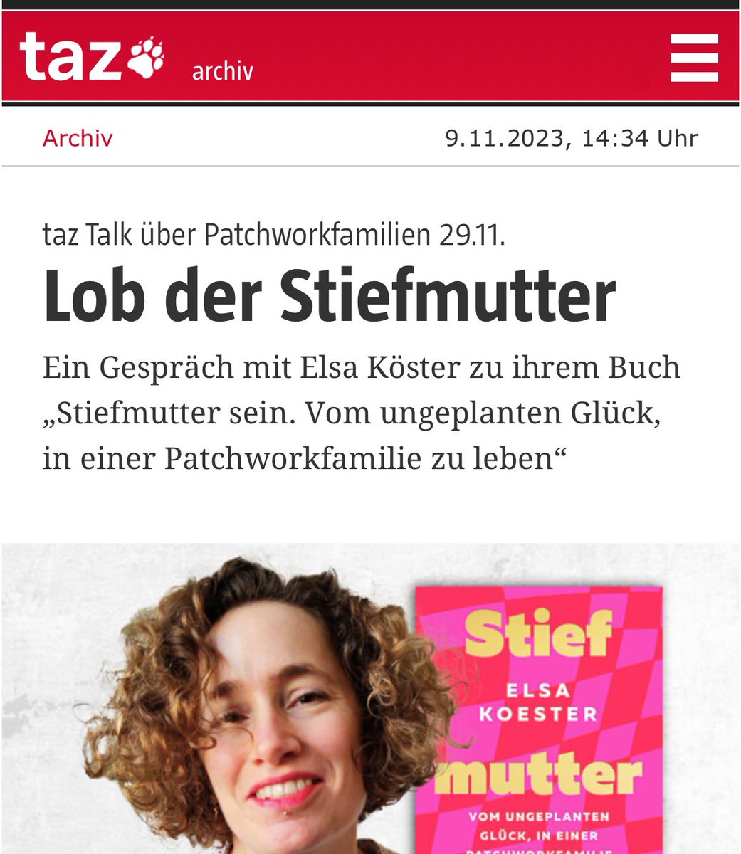 Wie Stiefmütter der 10.000 Jahre alten Konkurrenz mit Müttern im Patriarchat entgehen? Diskutiere ich mit <a href="/uwiworks/">Ulrike Winkelmann</a> bei der <a href="/tazgezwitscher/">taz</a> am 29.11.! Alle Co-Parents, Eltern und Feminist*innen sind herzlich eingeladen, reserviert euch ein Ticket. taz.de/taz-Talk-ueber…