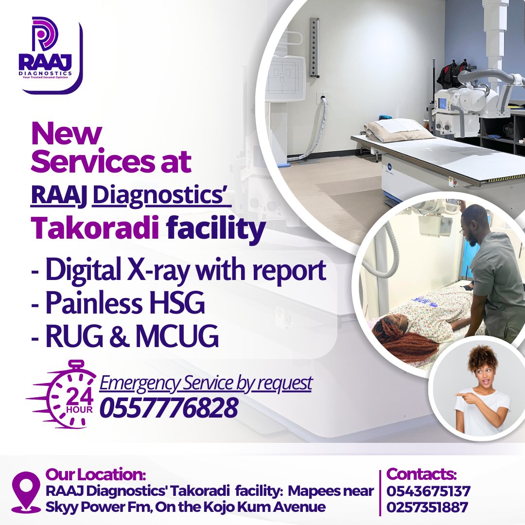 raajdiagnostics's tweet image. New Services Alert! 
#DigitalXray #PainlessHSG #RUG #MCUG now available @raajdiagnostics Takoradi.