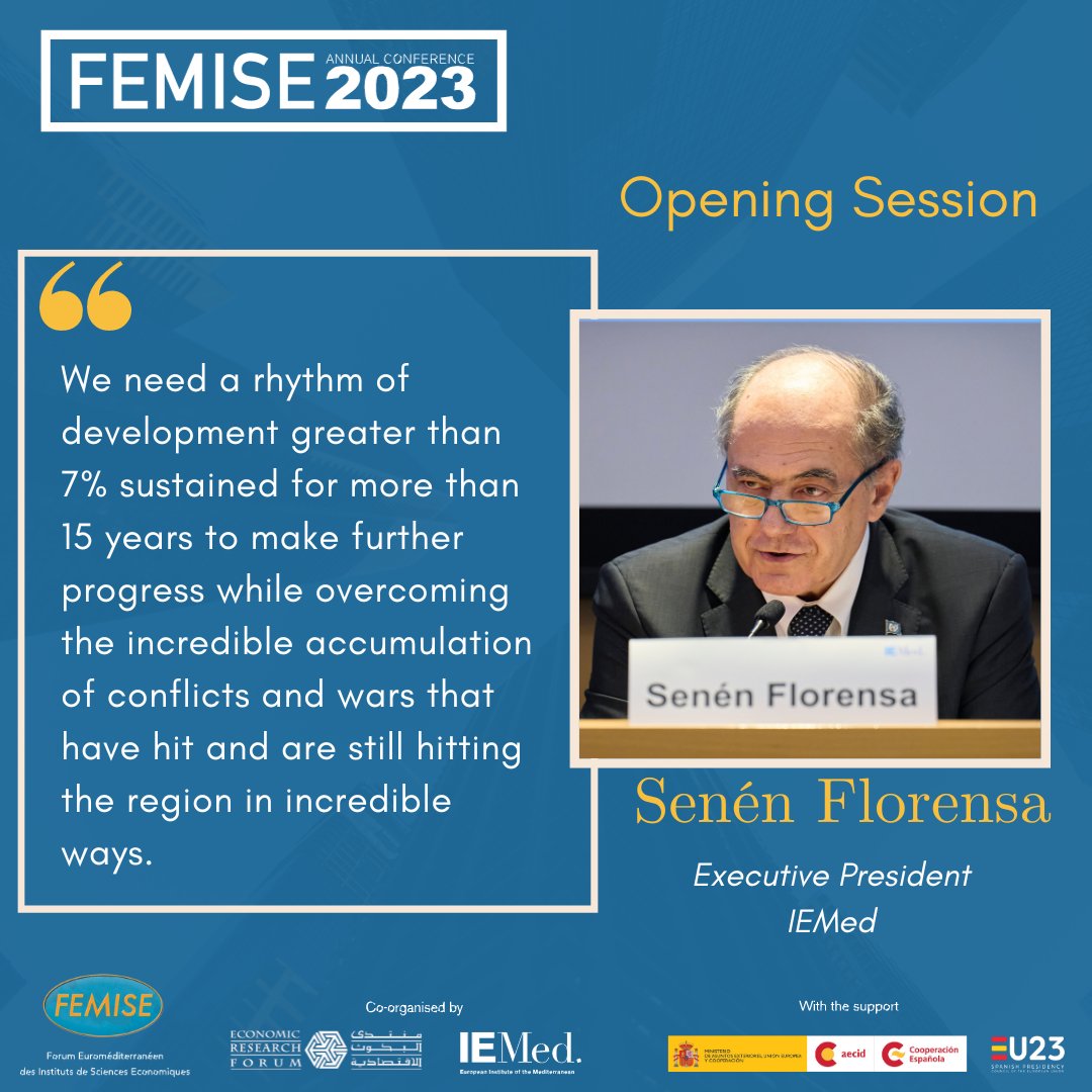 femisenetwork's tweet image. 🗣&quot;We need rhythm of development greater than 7% sustained for more 15 years to make further progress while overcoming the accumulation of conflicts &amp;amp; wars that hit the region.&quot; said Senén Florensa, President @IEMed_ during #femise_ac2023 opening session.➡bit.ly/46q0gxw