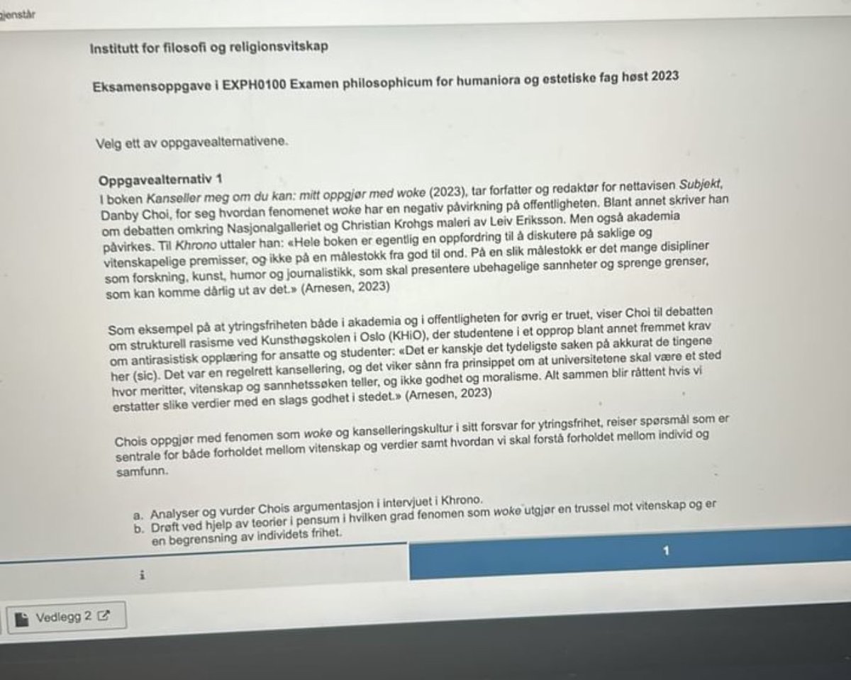 For en tenkende forfatter og redaktør så blir det vel nesten ikke større  enn dette: «Kanseller meg hvis du kan» er blitt eksamensoppgave i exphil,  for hundrevis av filosofistudenter på NTNU! Ingen, image size:1200x959