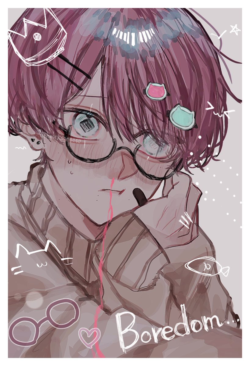 nosebleed 1boy male focus glasses blood hair ornament solo  illustration images