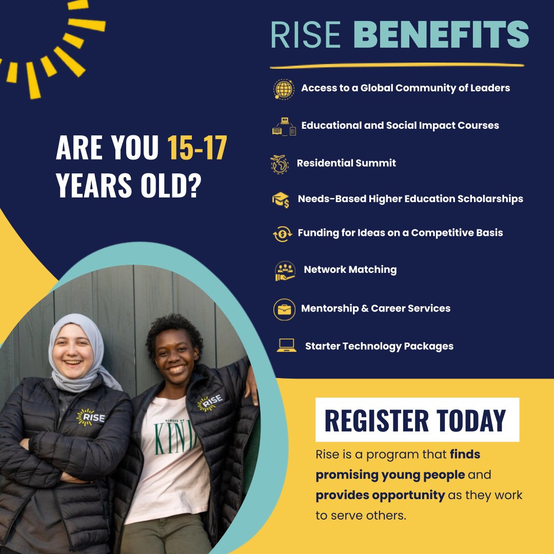 AMIDEAST_EGYPT's tweet photo. If you’re 15-17 years old &amp; want to make positive change in the world, check out our partner 
@risefortheworldRise cultivates a global network of promising young people who work to serve others. Applications open ‘til 17 Jan 2024.
Get started at https://t.co/206K6xLI1J https://t.co/W2NKWxG1wo