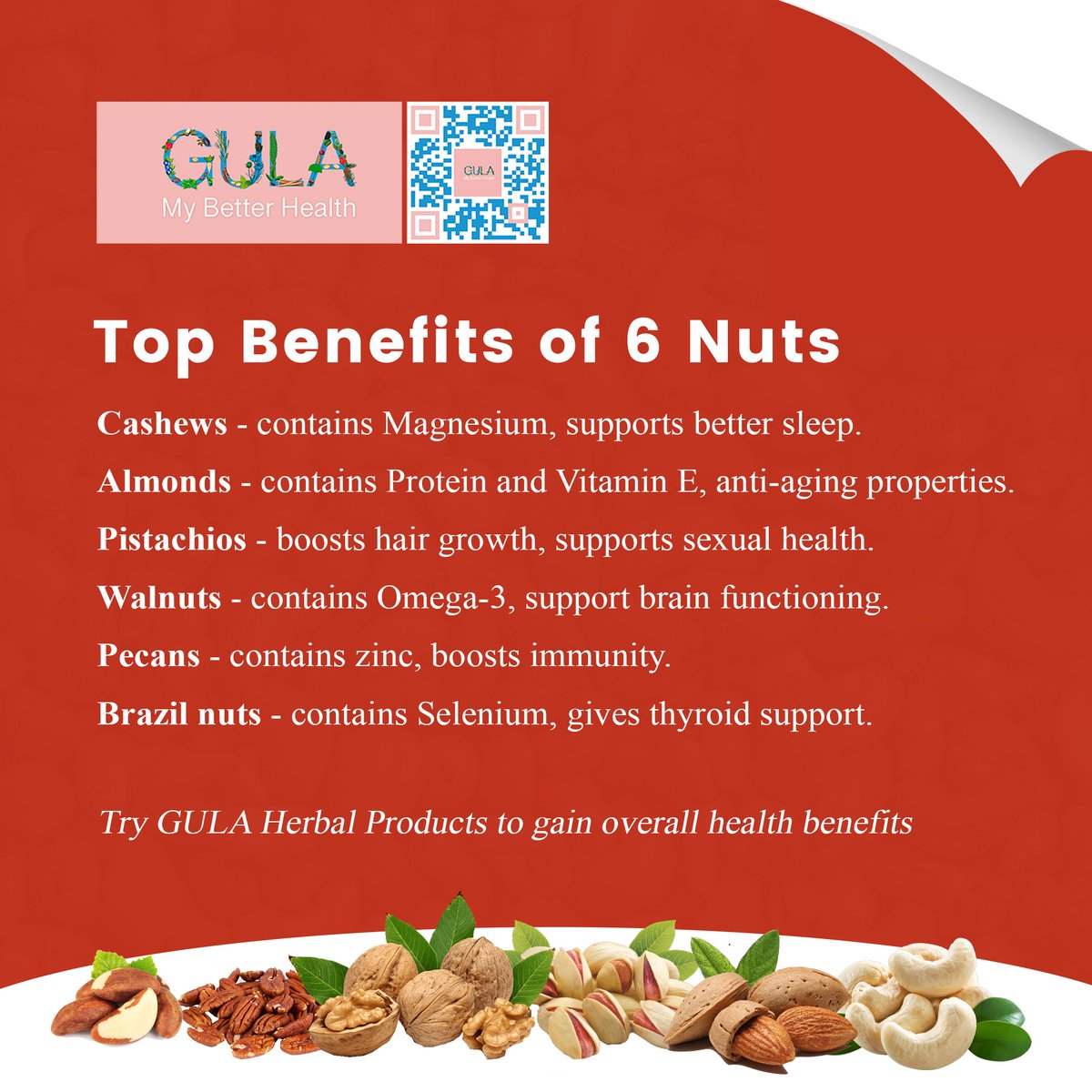doctorgula's tweet photo. Top Benefits of 6 Nuts.
Try GULA Herbal Products to gain overall health benefits.
Visit Our Website: https://t.co/OAWMQWerrU
#herbalism
#herbalife
#DoctorGula
#natural
#organic
#immunity
#SakirYavuz https://t.co/hb3qfx7I13