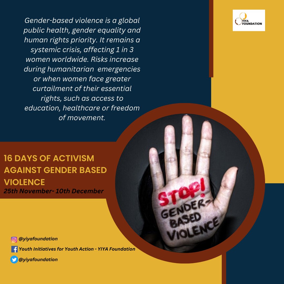 yiyafoundation's tweet photo. GBV is a global public health, gender equality &amp; human rights priority. It remains a systemic crisis, affecting 1 in 3 women world wide. Risks increase during humanitarian emergencies or when women face greater curtailment of their essential rights. #16DaysOfActivism https://t.co/xtnJEIPVs3