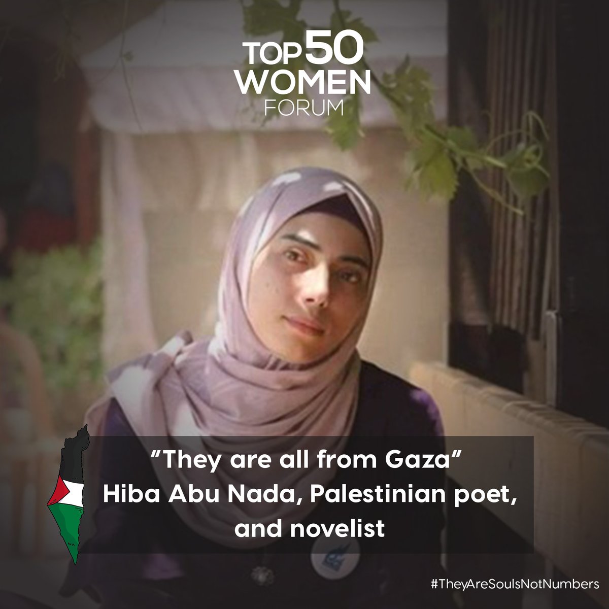 'New families without pain or sorrow.
In Heaven, the new Gaza is free of siege. It is taking shape now.”

Hiba Abu Nada, Palestinian poet and novelist

#Top50WomenForum #Top50 #PalestinianWomen #WomenofPalestine #TheyAreSoulsNotNumbers