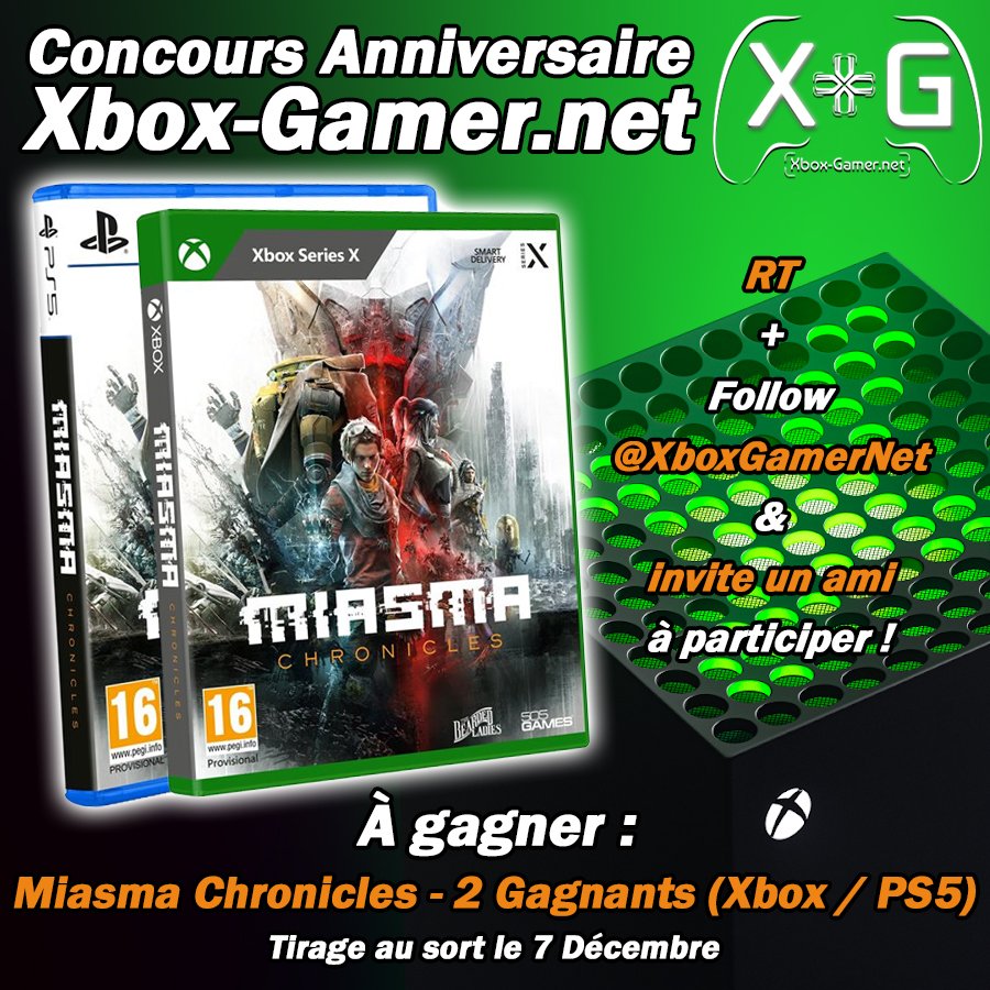 La fin du mois arrive et nous avons encore beaucoup de lot pour fêter nos #XG21Ans ! <a href="/Minuit_Douze/">Minuit Douze</a> et <a href="/505GamesFR/">505 Games France</a> s'associent avec nous pour vous offrir Miasma Chronicle sur Xbox et PS5 ! 

Pour participer, RT &amp; Follow <a href="/XboxGamerNet/">🟢⚪️ Xbox Gamer 🎮</a> et Invite un ami en choisissant ta plateforme.