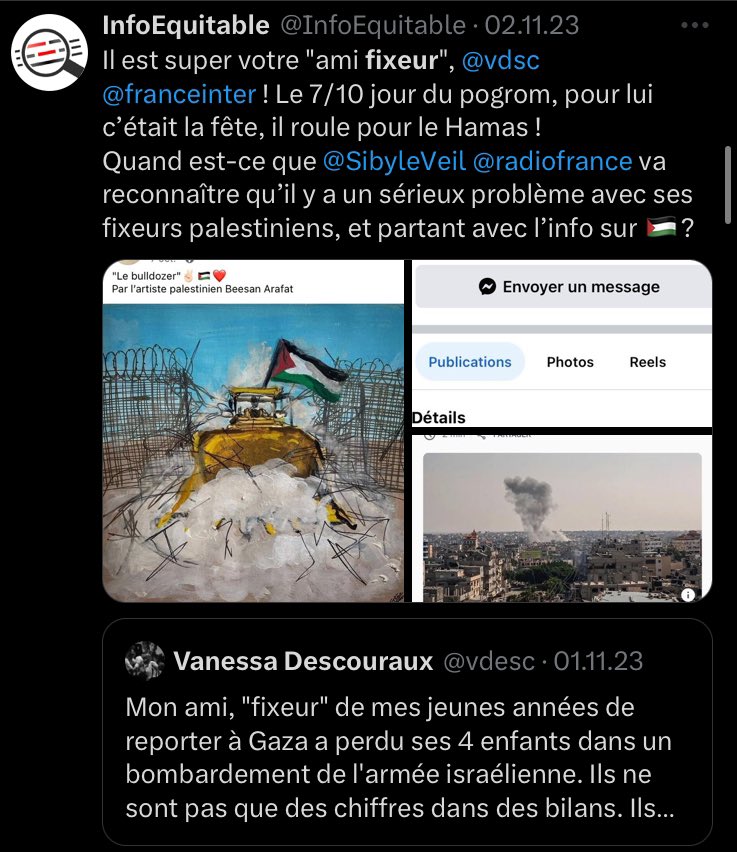 InfoEquitable's tweet photo. Dans cet intéressant éclairage, le dir. de l’info internationale se veut rassurant sur la capacité de @radiofrance à informer sur Gaza grâce au recueil de témoignages et à l’emploi de #fixeurs. @FranckMathevon, quid quand ces fixeurs dépendants du Hamas louent ses atrocités ? https://t.co/fhh9Cv2WzG