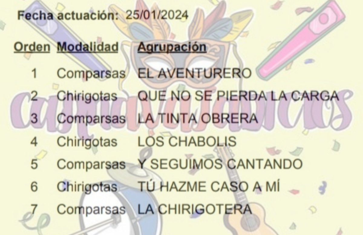 Jueves 25 Enero
#Coac2024P17

<a href="/ComparsaHnosGtz/">Comparsa Hnos. Gutierrez</a> 
<a href="/trataratachin/">Chirigota Los Molina</a> 
<a href="/los_delacantera/">La Comparsa de la Cantera</a> 
@latiadelatiza