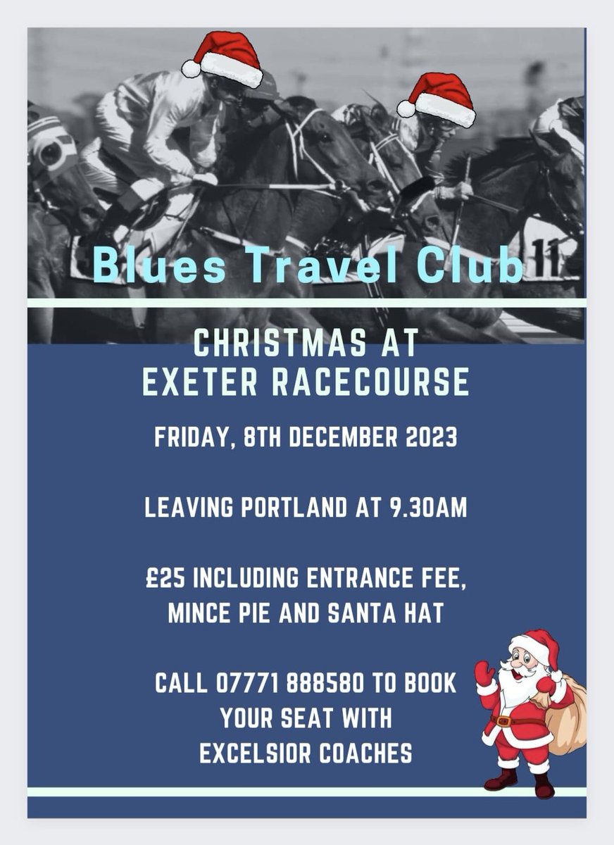 🏇 = Exeter Race Course Festive ⛄ Race Day
📆 = 8th Dec
🚌 = 9.30am
💸 = £25.00 (including entry, mince pie and Santa hat)
👇👇👇