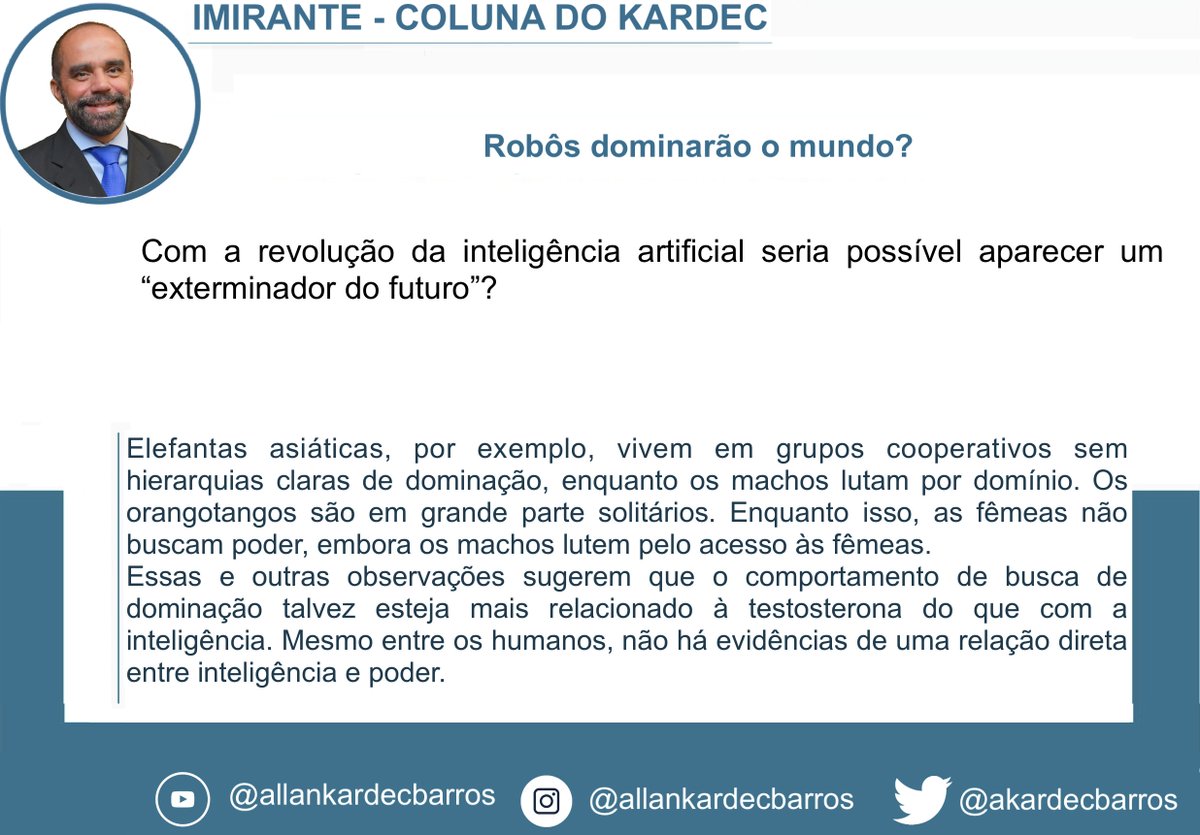 Bom dia! 

Superestimamos a ameaça de uma subjugação por inteligência artificial (IA), confundindo inteligência com o desejo de dominação – ou a ânsia por poder. 

Nosso artigo continua aqui:

imirante.com/noticias/sao-l…