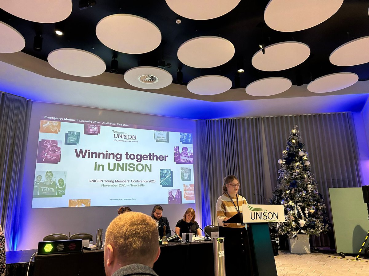 UnisonYouthNW's tweet photo. Co-Chair Holly Vallender moving our emergency motion: Justice for Palestine: Ceasefire now! 

“The killing of any healthcare worker, as we have seen repeatedly in Gaza, should appal a union that represents them themselves.” https://t.co/EyQCqRYKWN