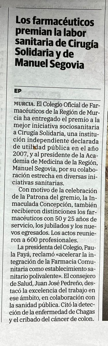 CirugSolidaria's tweet photo. Gracias al @cofmurcia por el reconocimiento a Cirug��a Solidaria, Premio Mejor Iniciativa Socio-Sanitaria del Colegio Oficial de Farmacéuticos de la Región de Murcia 

@Murciasalud @regiondemurcia https://t.co/M0HiXupehu