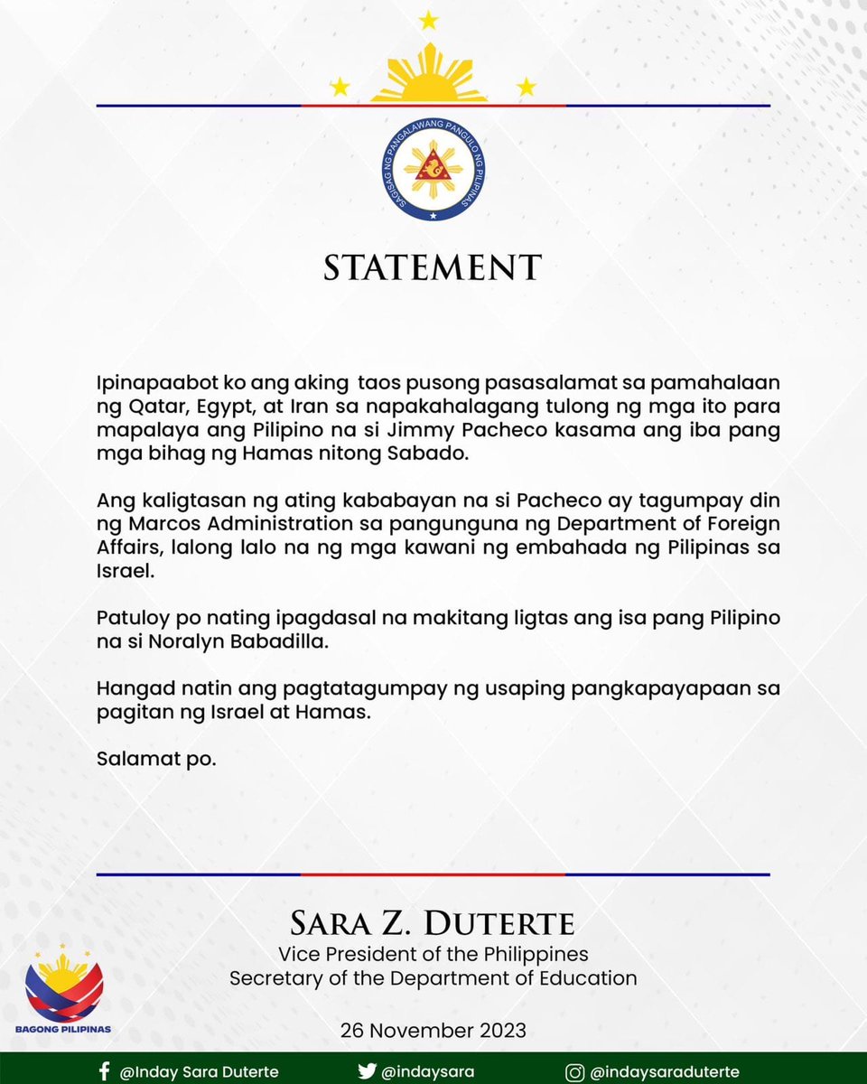 smninews's tweet photo. VP Sara Duterte, nagpahayag ng taos-pusong pasasalamat sa pamahalaan ng Qatar, Egypt, at Iran sa napakahalagang tulong ng mga ito para mapalaya ang Pilipino na si Jimmy Pacheco kasama ang iba pang mga bihag ng Hamas nitong Sabado.

📸 @indaysara https://t.co/4UXGLFNFTx