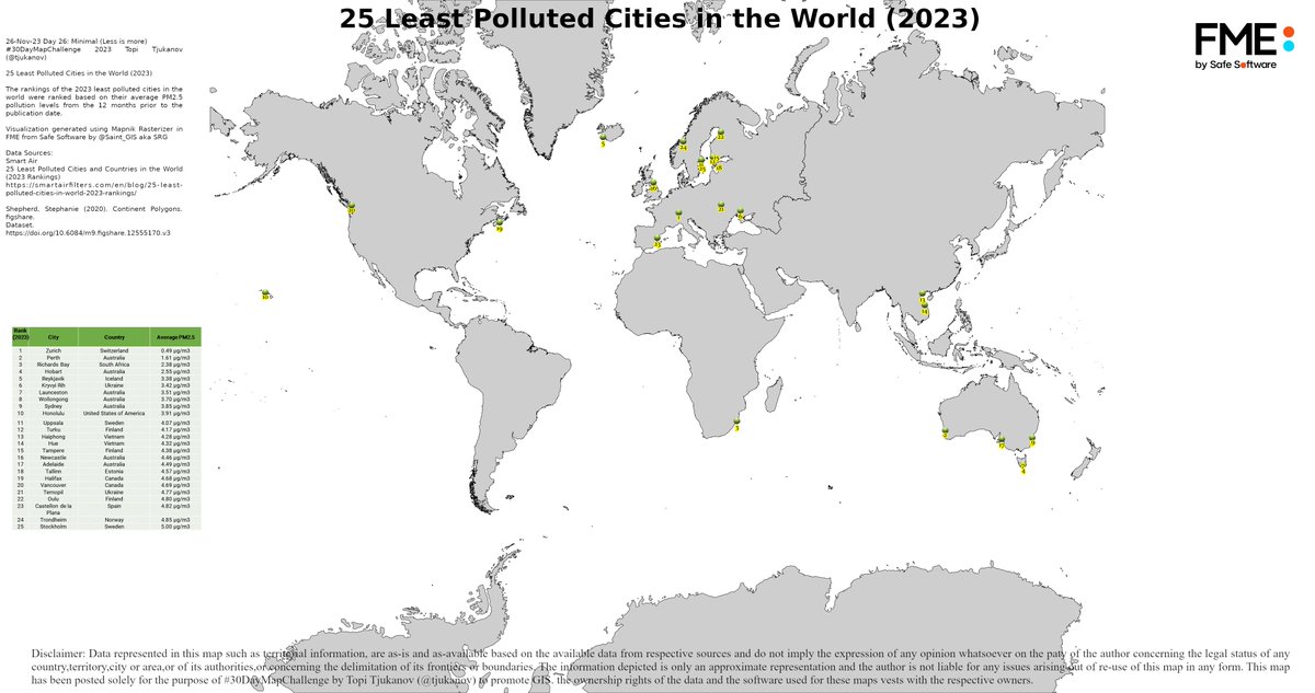 Saint_GIS's tweet photo. 26-Nov-23 Day 26: Minimal
#30DayMapChallenge 2023 @tjukanov
25 Least Polluted Cities in the World (2023)
Visualization generated using #MapnikRasterizer in #FME from @SafeSoftware
#FMEpartners
Thank You @PixelSoftek for all the support and encouragement. https://t.co/WoBnHRk7Z3