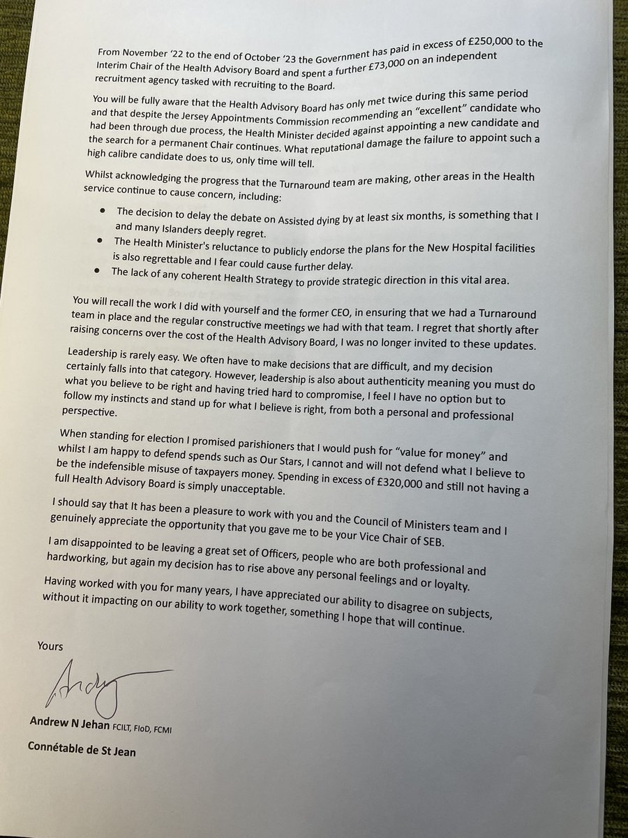 I have today advised colleagues of my resignation from my position as Assistant Chief Minister with immediate effect. Attached is my letter of resignation. I would like to place on record my sincere thanks to the Officers and staff who I have had the pleasure of working with AJ