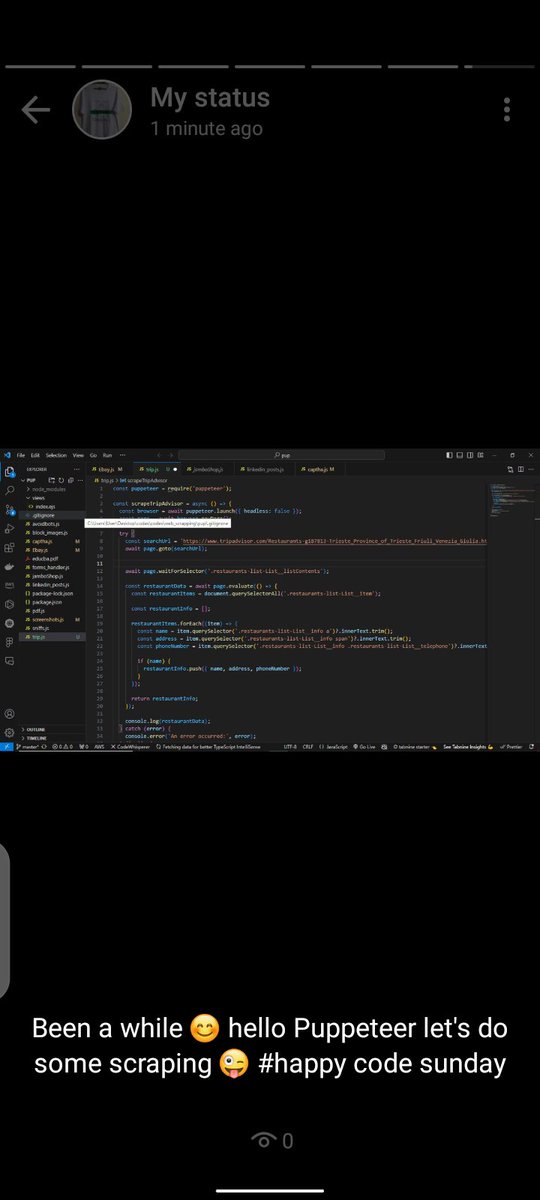 miik_will's tweet photo. Back at web scraping using puppeteer.This tool is great 😊😊😍 @TechOps2023  @JavaScriptDaily  @TheJSDev  @nodejs  @Kin0ti  @istjustlumumba  #javascript https://t.co/z7CyDAYB0S
