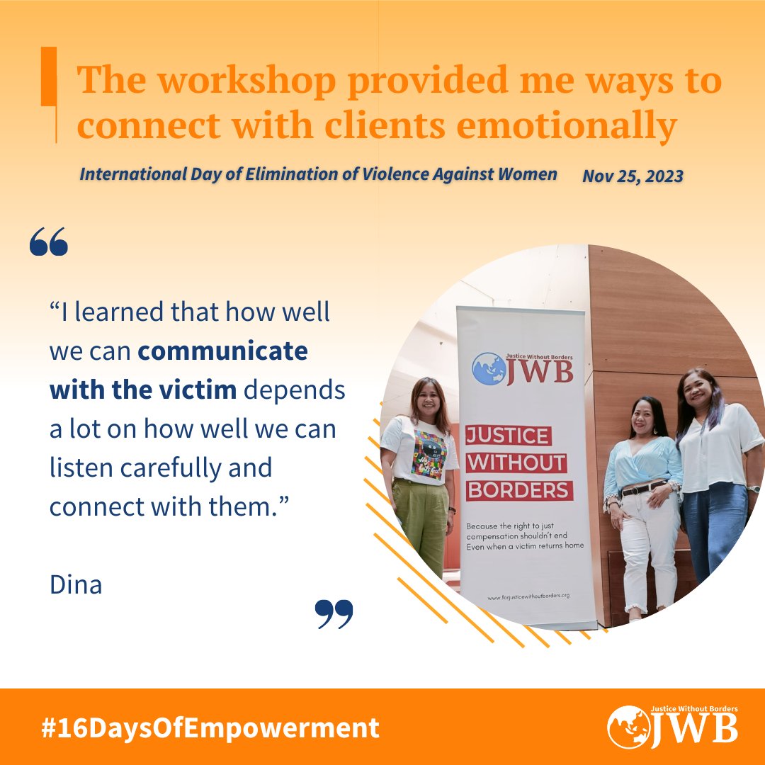 forJWB's tweet photo. As part of #16DaysOfActivismAgainstGBV, we would like to highlight our efforts in training caseworkers to help victims of trauma. On Oct 29, our #A2J mentorship kicked off with a Psychological First Aid Workshop for Filipino and IN MDWs. Check out more below!

#SayNoToViolence https://t.co/wsA60rzRuK