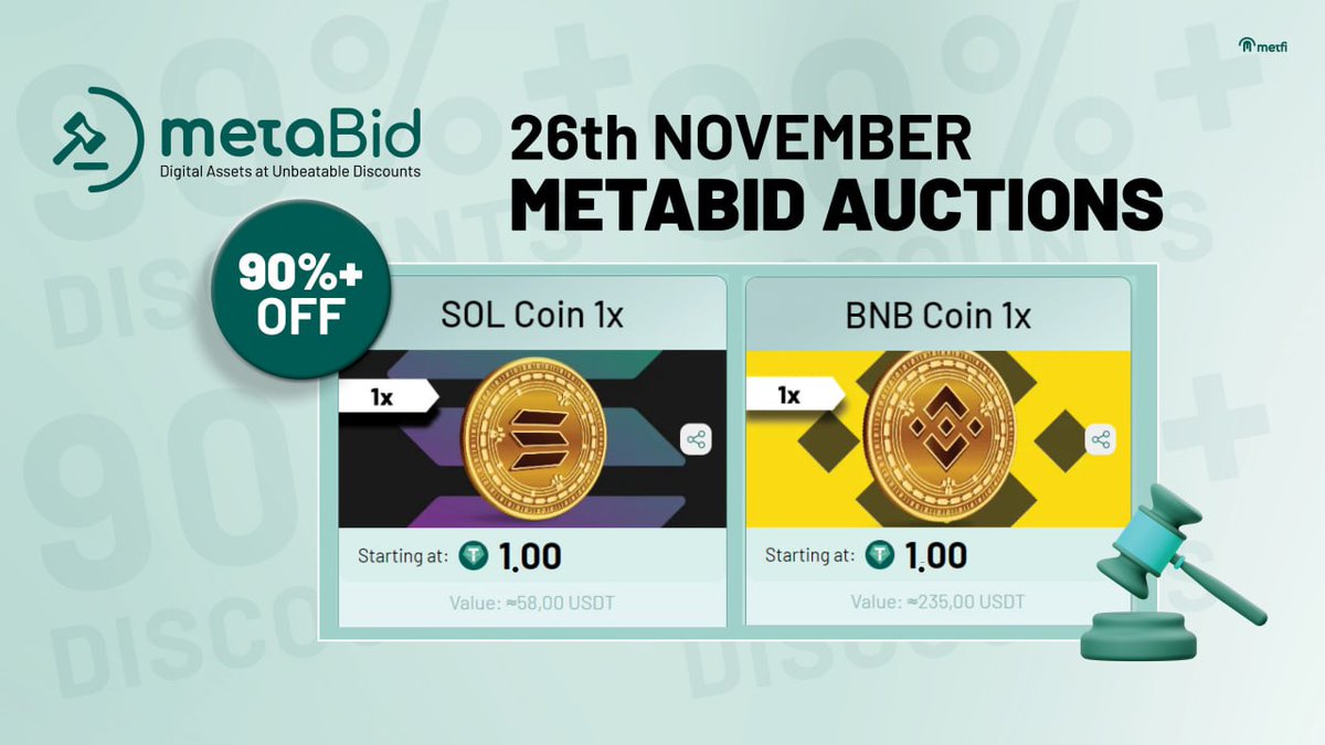 MetFi_DAO's tweet photo. Coming up from the stables of #MetaBID:

🔗 https://t.co/TIs532Qs8F

 💫#SOL Coin 1x from @solana

 💫#BNB Coin 1x from @BNBCHAIN

Start Price - 1 USDT

Guaranteed discount - 90% 🎉

Happy Bidding! https://t.co/Ym0itFaZmB