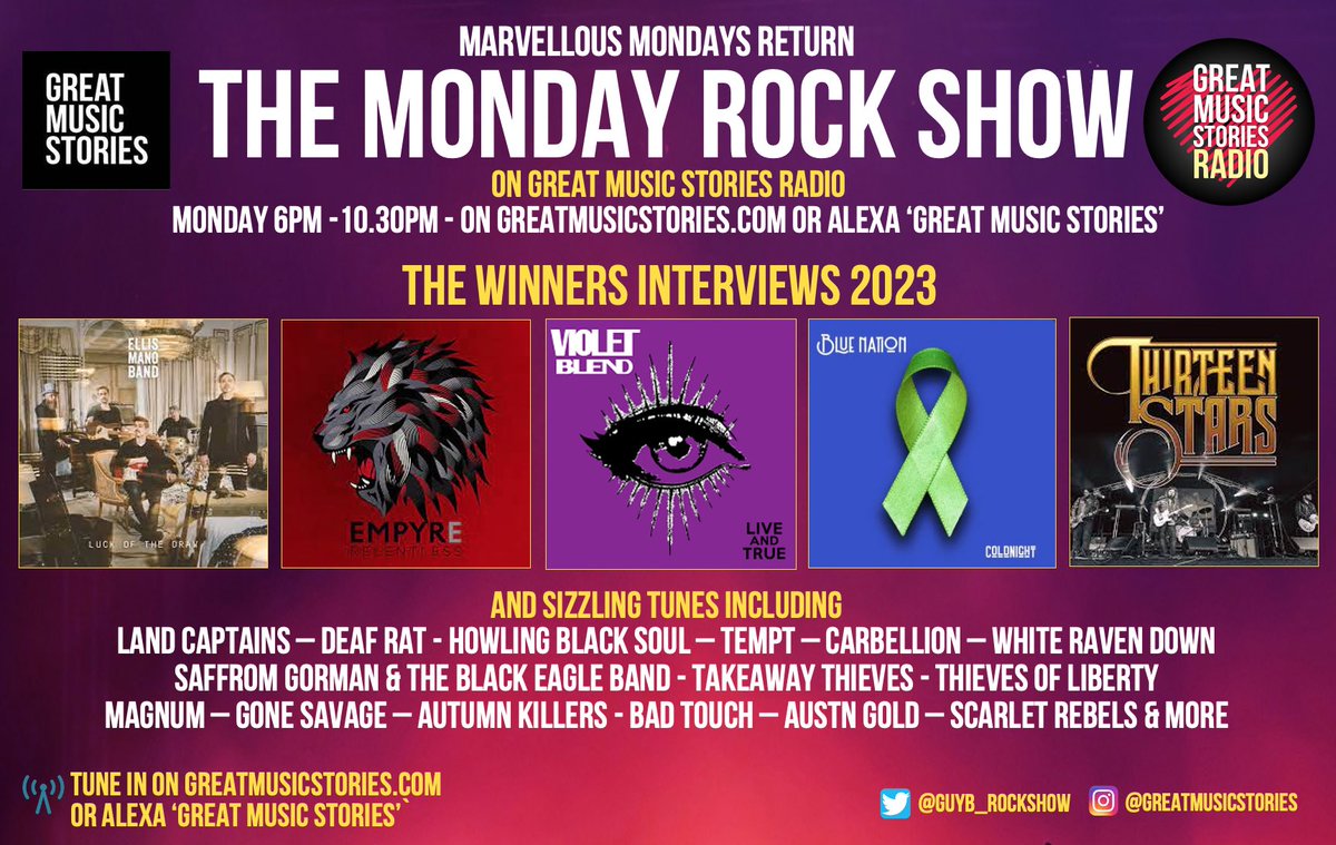 GuyB_rockshow's tweet photo. Monday Rockshow. It’s winners week for interviews. Full house Mon from 6pm with @VioletBlend @bluenationmusic @EmpyreRock @ellis_mano_band &amp; @13_Stars1 plus tunes @TakeawayThieves @SaffronGorman @HBStheband @GoneSavageband @TemptBand @LandCaptains @WhiteRavenDown &amp; heaps more https://t.co/Fnum9Y2qBl