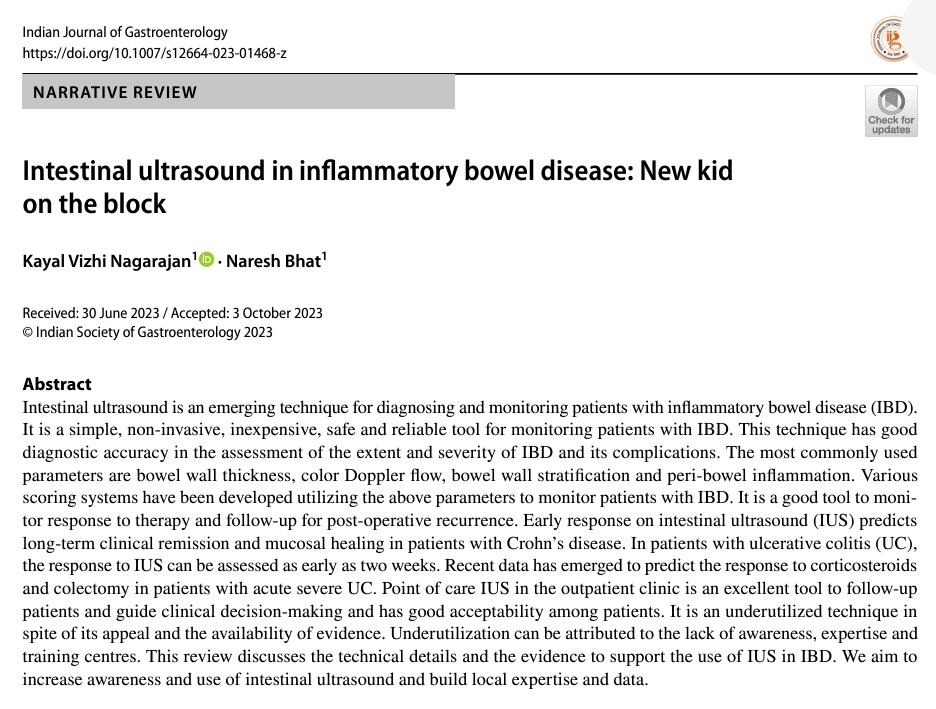 Check out our review article on Intestinal Ultrasound!
The new kid on the block in India in diagnosing and managing patients with IBD.
<a href="/BowelUltrasound/">InternationalBowelUS</a> <a href="/Nareshbhat14/">Naresh bhat</a> <a href="/drkrpradeep/">Pradeep K Ramaswamy</a> <a href="/drvishal82/">Vishal Sharma</a> <a href="/CCF_IN/">CCF(India)</a> <a href="/IJG_Journal/">Indian Journal of Gastroenterology</a>