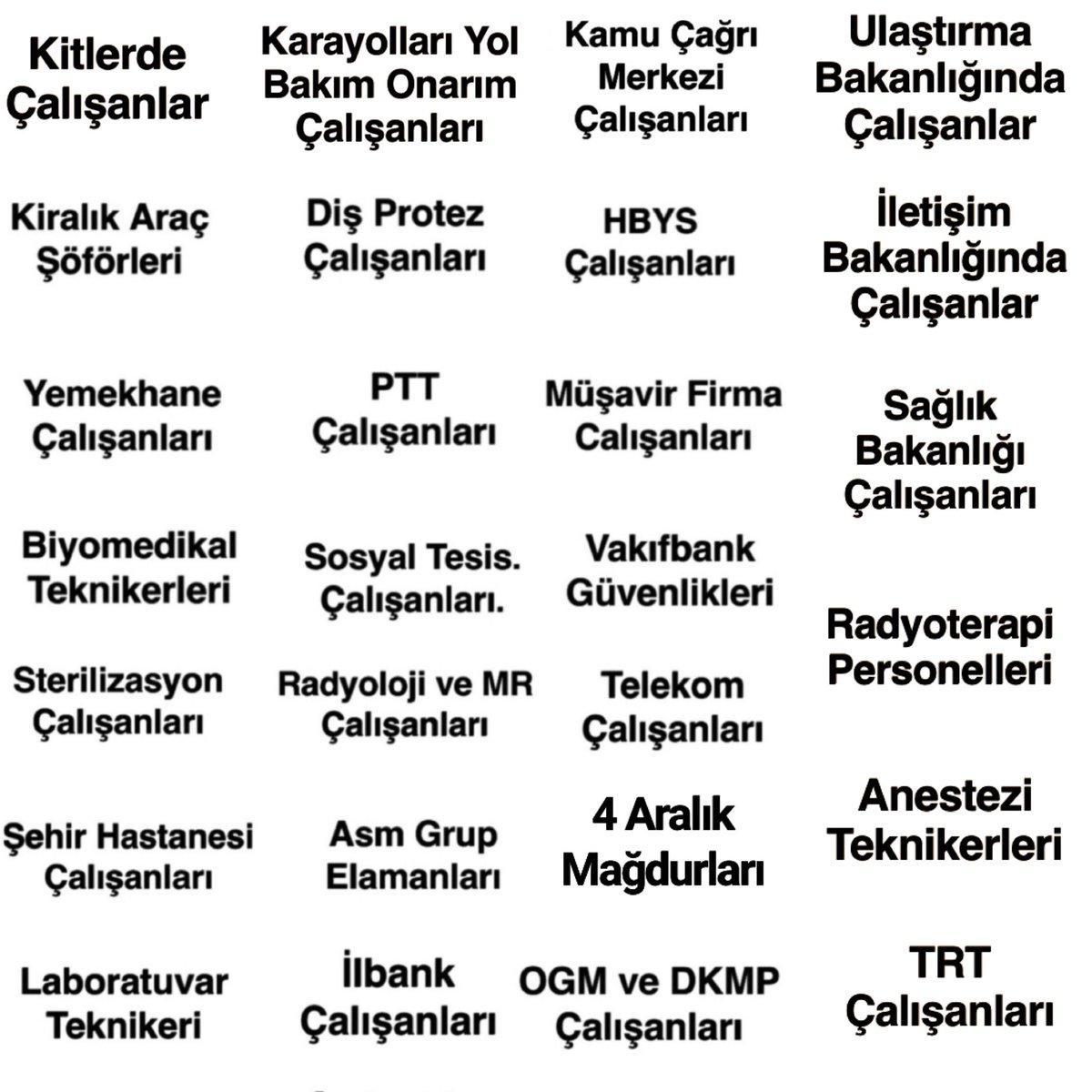 kadrosuz123's tweet photo. TaşeronTorbaya Sığmadı 
🟥 Karayolları yol bakım 
🟩Kitlerde Çalışanlar 
🟧 Hastane Bilgi işlem
⬛️%70 Engeline Takılan
🟨 AsmGrupElemanları 
🟦 Kiralık Araç şoförleri 
🟩Şehir hastaneleri
🟪 Yemekhane Çalışanları
🟩Belediye Şirket İşçileri
🟩Müşavir firmalar 
@turkiskonf @hakiskonf @Yolissendikasi 
@asmgruplandirma @TCKplatformu @Kgm_Platformu @Okay61446944 @otmar_ismail @KamuKatib