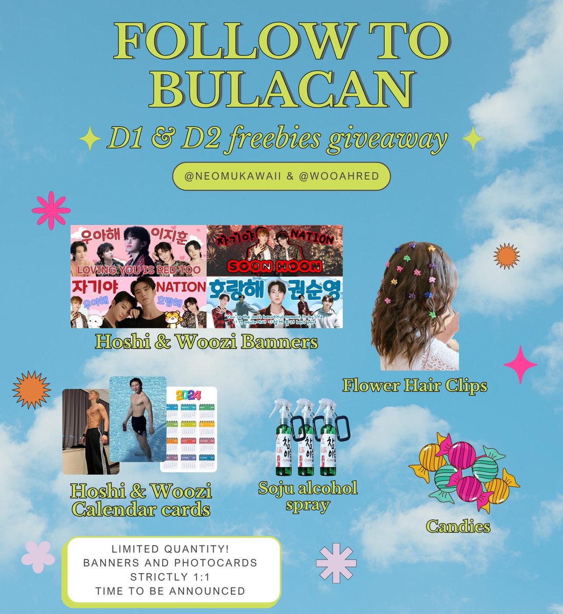 Hi!! <a href="/wooahred/">우지 밥 그릇</a> and I will be giving away freebies on Follow Tour Bulacan D1&amp;D2 ✨

Limited quantity so everything is strictly 1:1
📍Philippine Sports Stadium
❤️ No need to follow but we'd appreciate if you could Like and Retweet

#seventeen #followtourbulacan