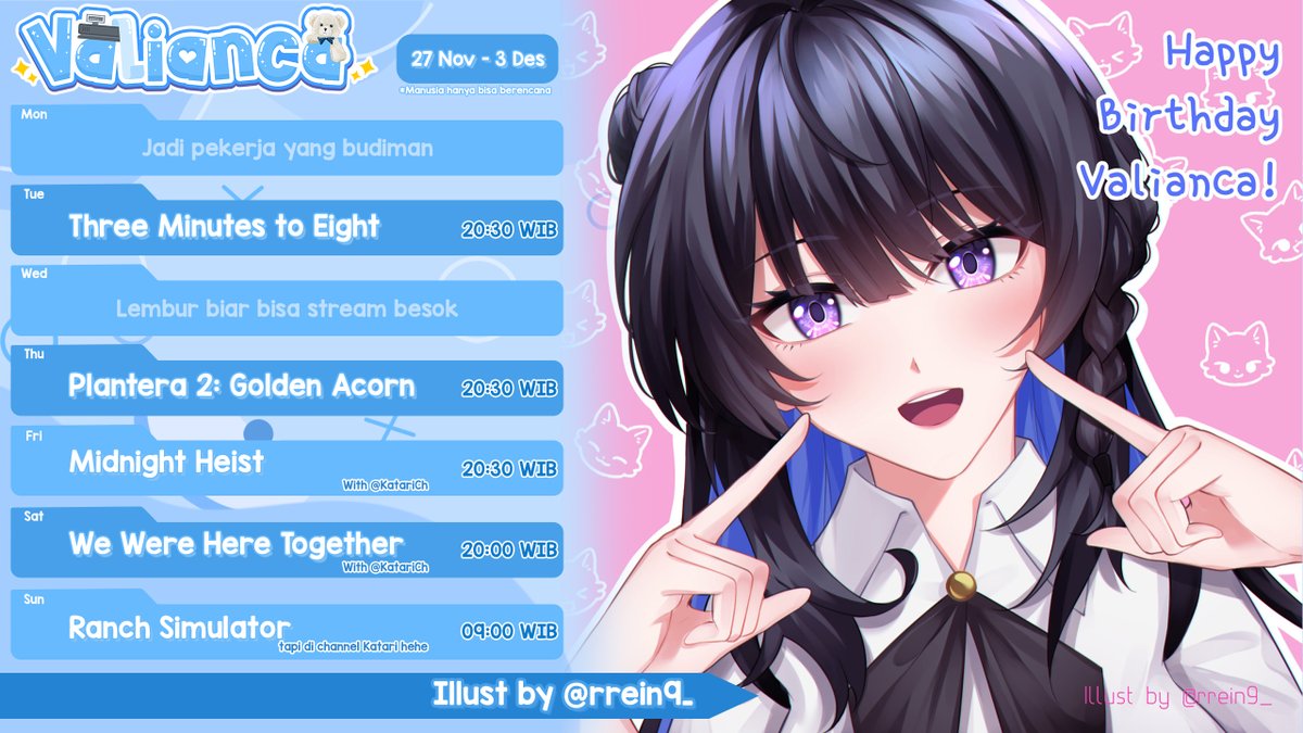 KasirVal's tweet photo. Lah, ada skejul?
27 November 2023 - 03 Desember 2023
Mau jadi streamer yang baik dan benar.
Lovely art by @rrein9_ 💕
【Hashtags】
All: #KasirVal
Live Stream: #VaLaifu
Live Game : #MainVal
Arts: #ValianArt
NSFW: #ValianEhh
To hurt your ears: #ValNgamen
Memes/Clips: #VaLawak https://t.co/2fF1ueGelO