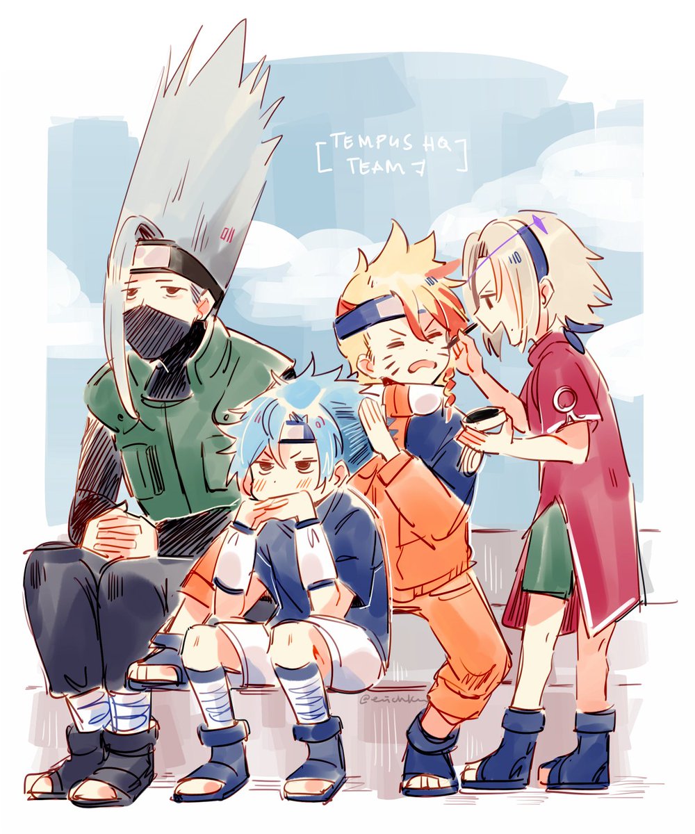 multiple boys 1girl blonde hair mouth mask mask blue hair orange jacket  illustration images