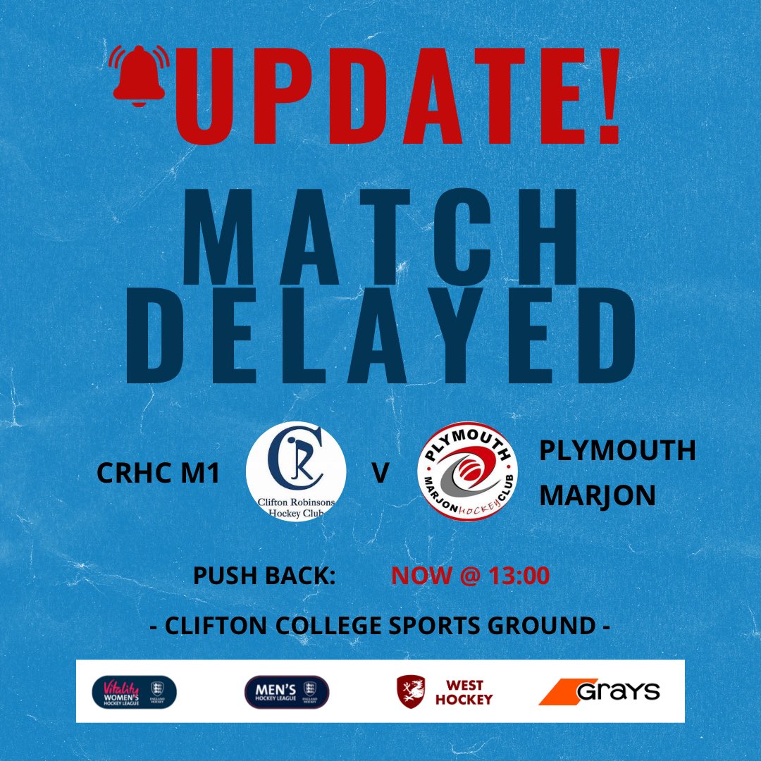CliftonRobbies's tweet photo. GAME ON 💪🏻

Our Men’s 1s fixture will go ahead but with a delayed push back now to 1pm 💙

Wrap up warm and get yourselves down for a great match 🔊

#BristolHockey #BlueArmy #EHLPrem #WestHockey

@swsportsnews @EnglandHockey @GraysHockey @HockeyWestUK @PlymouthHockey https://t.co/QlpDCa2Yda