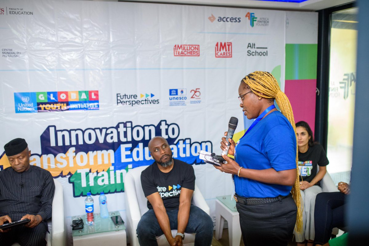 FutPerspectives's tweet photo. Esther Idoko's questions to @ProfOsinbajo were "what can be done to reduce out of school in Nigeria?  Do you feel that the way we are educating children fully prepares them for the needs of the 21st century? What more can be done?"

#FutPerspectives #itet #education https://t.co/xvN6NwwHKd