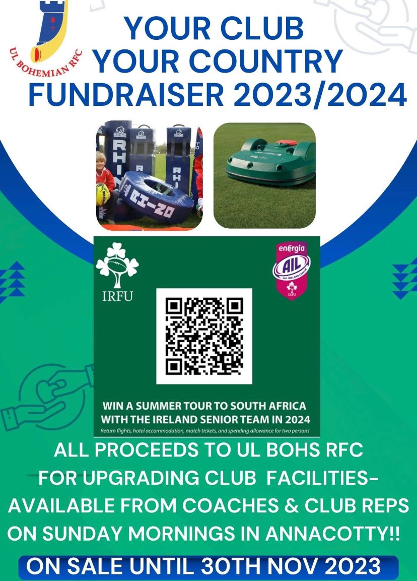 ulbohemianrfc's tweet photo. ☘️YCYC - deadline approaching!! Support your club with this vital fundraiser - fantastic prizes to be won & ALL proceeds go directly to the club! Tickets only €10! ScanQR code or click link below to purchase.
🔴🔵
https://t.co/ckzrhJcw9b
#ulbohemianrfc #ulbohs #YCYC https://t.co/6JdU54SmXA