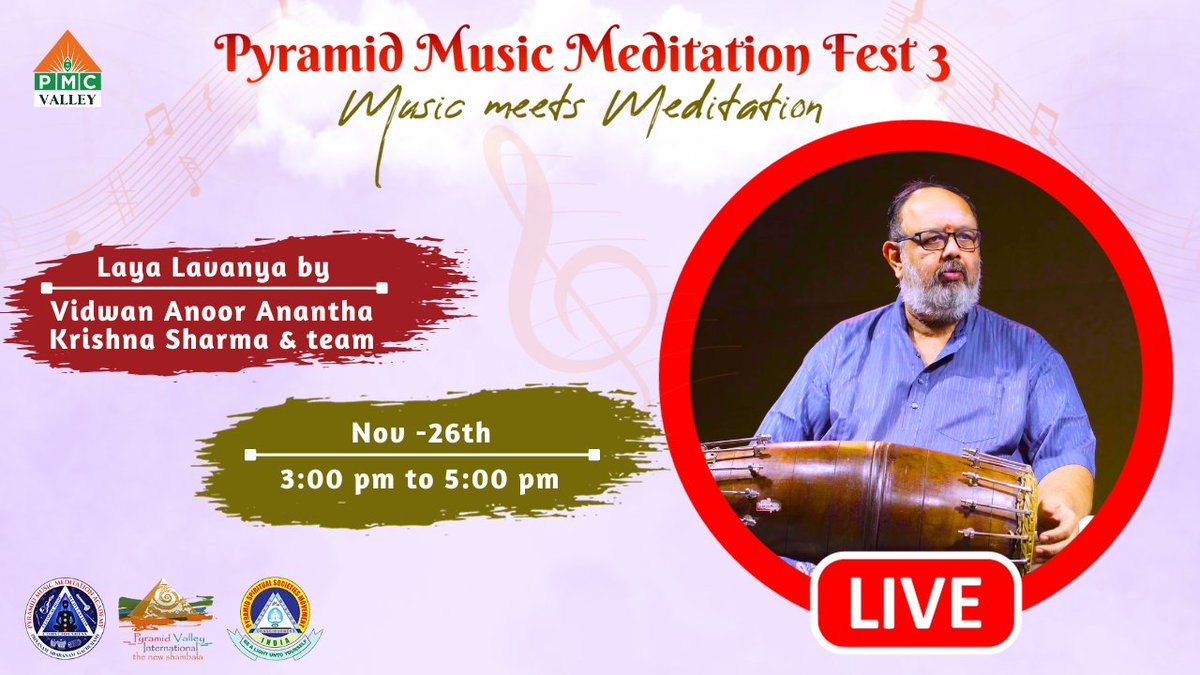 PyramidValleyIn's tweet photo. Grand FINALE!
Celebration and Conclusion of Pyramid Music Meditation Fest 3
Watch LIVE now! Nov 26th, 3pm to 6pm IST on PMC Valley YouTube channel
https://t.co/aiwrsDJ8xB
#pmmfest3 #meditationfestival #musicmeditation #meditation #pyramidvalley #anapanasati https://t.co/BnJi8bR8LY