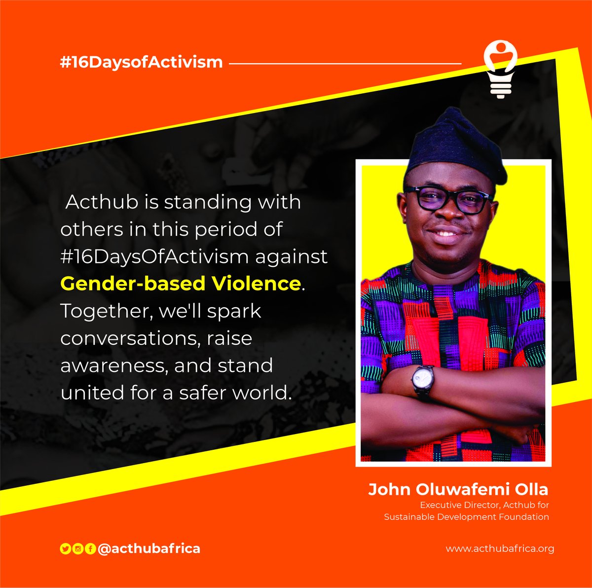 Acthub is standing with others in this period of #16DaysOfActivism against Gender-based Violence. Together, we'll spark conversations, raise awareness, and stand united for a safer world. @AyodejiUzoma @UNFPANigeria @twergywhite