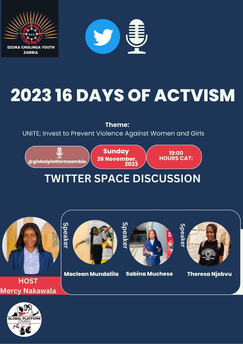 Join our partner organization  Dzuka Cholinga Youth Zambia    for an empowering Twitter session on this second day of 16 Days of Activism Against Gender-Based Violence! 

Sub-heading: Women and Financial Independence "
Link:
x.com/i/spaces/1dRKZ…
