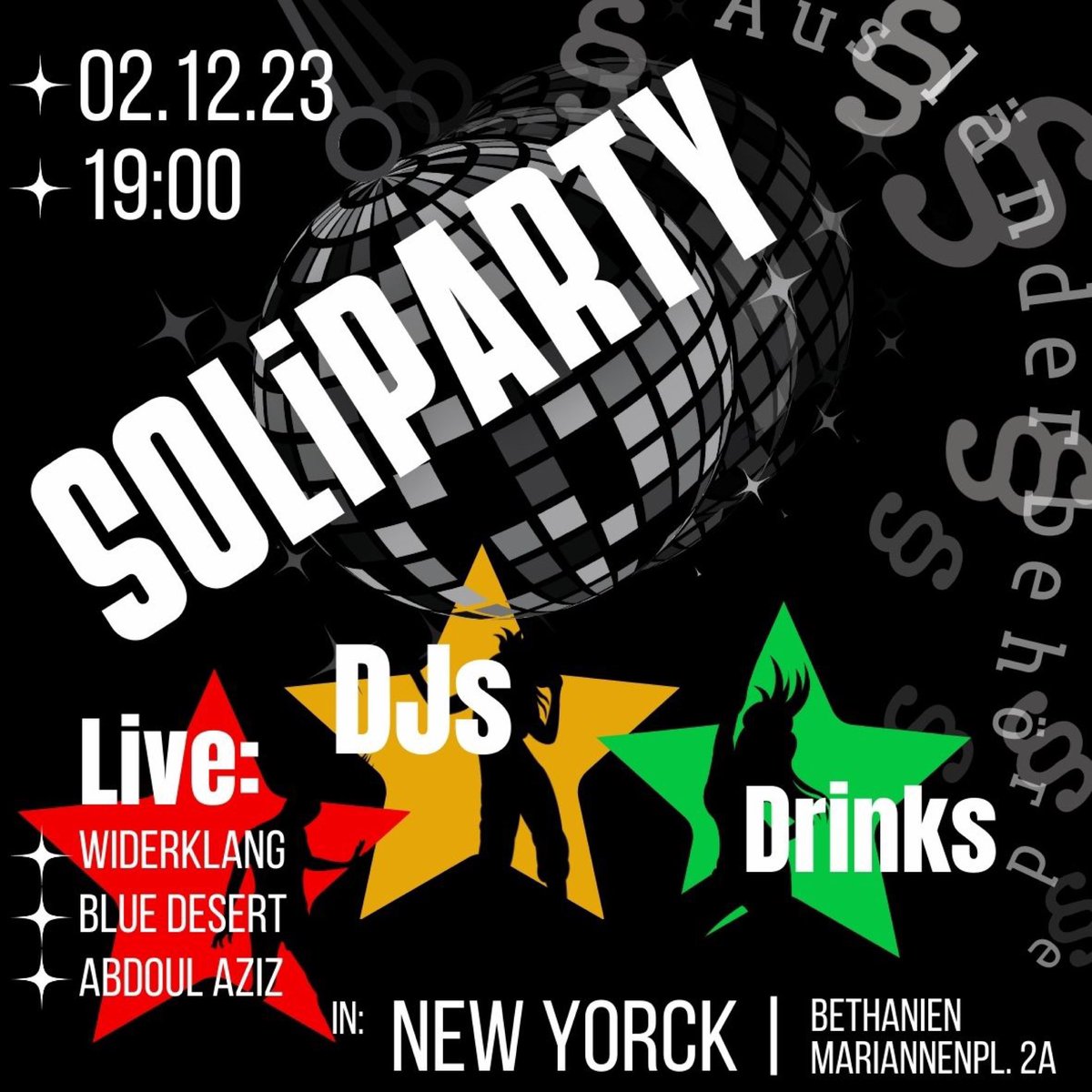 🔥 SOLIPARTY für eine Refugee Person 🎼 DJ @der_neukoellner und vielen anderen auf zwei Dancefloors mit HipHop, Afrobeats, MiddleEast & Balkan Beats, Punk and Electro 🎤 Live am Start u.a. Blue Desert (Tuareg Sounds) and Abdoul Aziz (Reggae) l, L‘ile (HipHop) 🕰️ am 2. Dezember