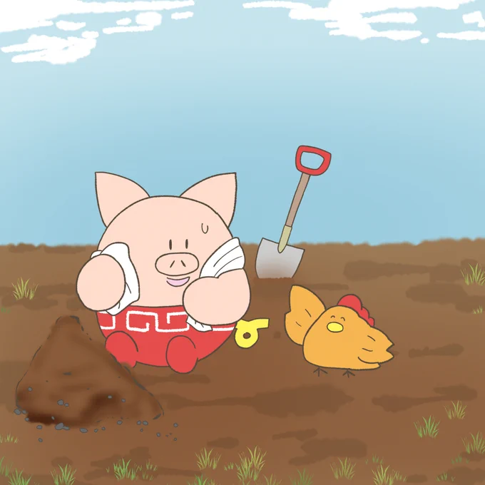 まんプクさん()に3日前に投稿した絵  勤労感謝の日だったのでラーメンの働きをからあげが労ってます 農作業か土木作業的な何かをしてると思うのですが、何かは分かりません。何かを感じてください。
