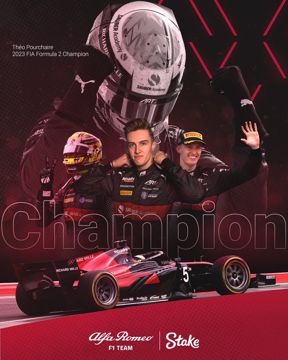 audif1_'s tweet photo. ALLEZ, THÉO! 2023 @Formula2 CHAMPION! 🏆  With his P5 finish in the Feature Race, #SauberAcademy driver @TPourchaire secures the 2023 F2 drivers’ title. 💪 We’re so proud of you! https://t.co/TQJNZCSnC3