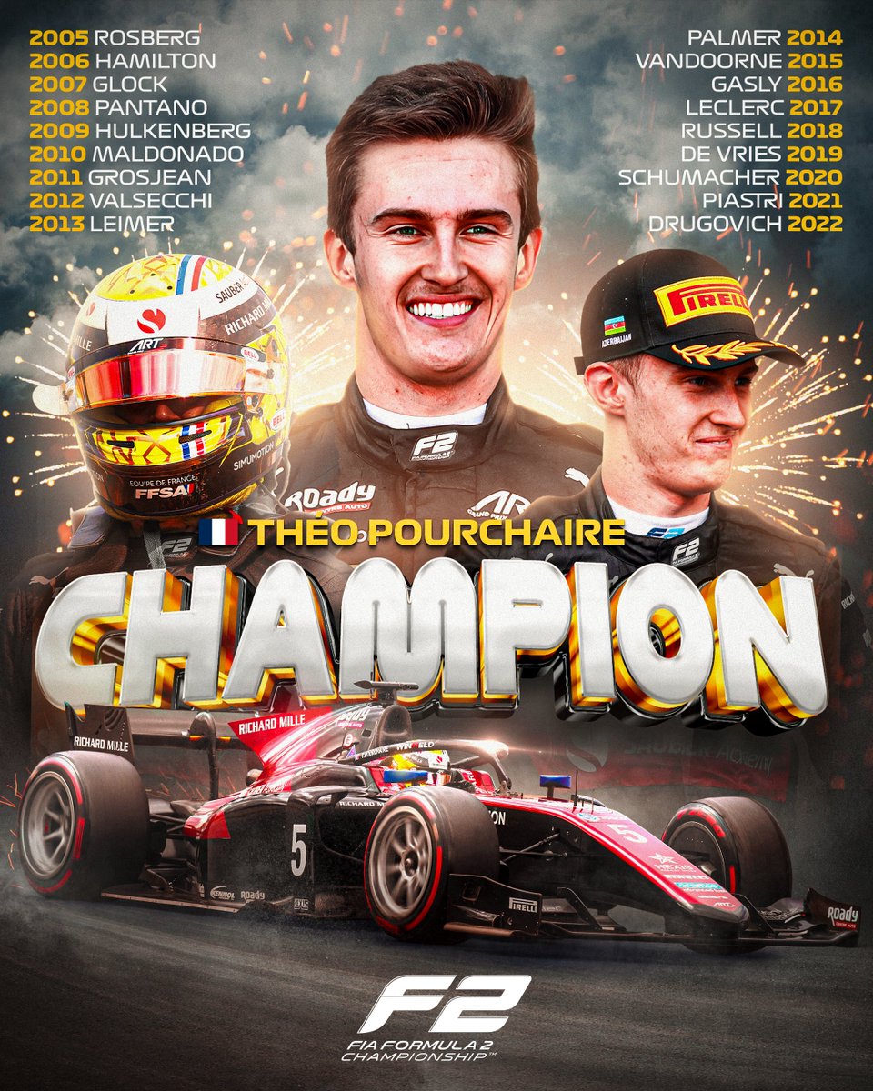 Another name for the history books 📚 Theo Pourchaire is the 2023 @Formula2 champion!!! 🏆 #AbuDhabiGP #F2 @TPourchaire
