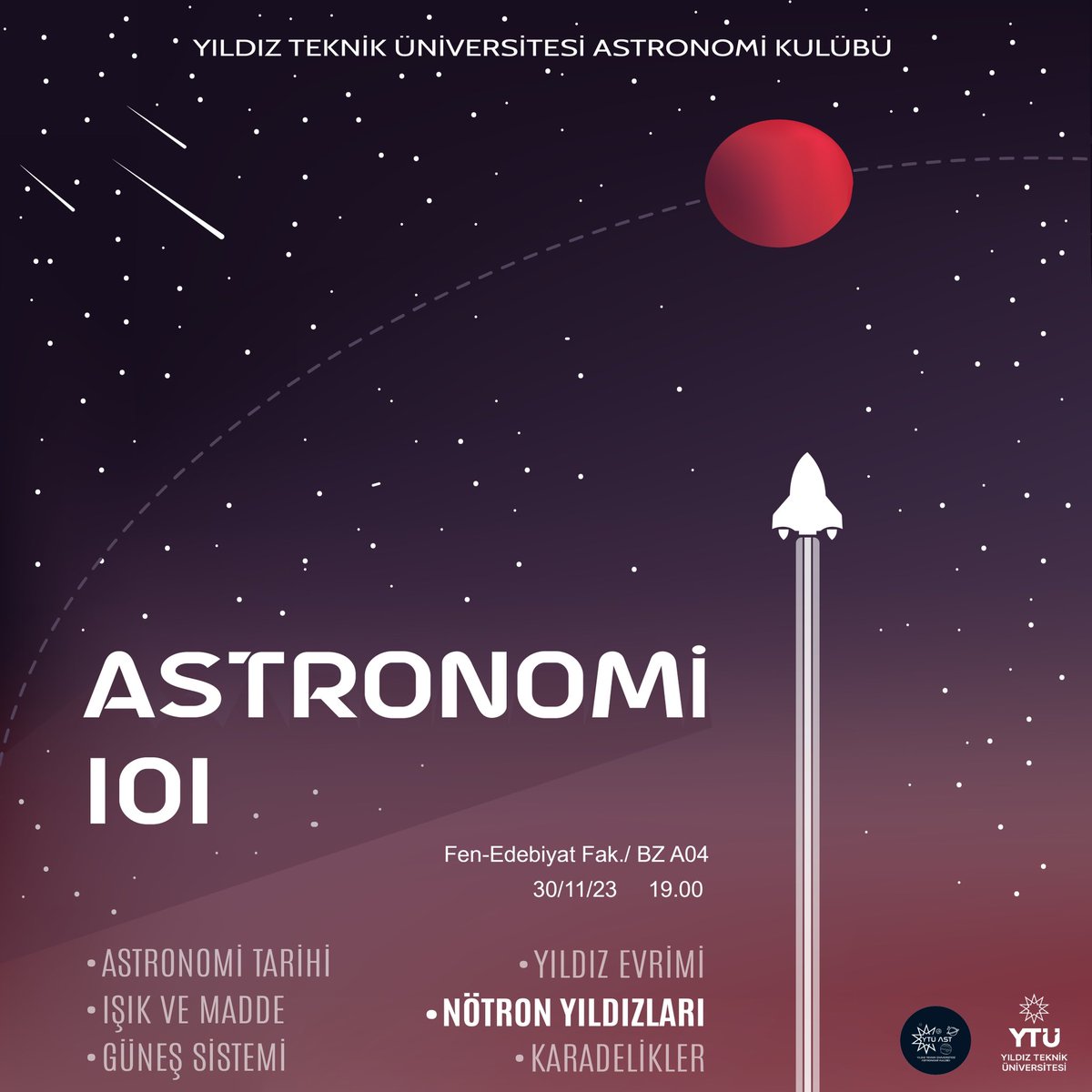 ytuastronomi's tweet photo. Astronomi 101 derslerimize bu hafta Nötron Yıldızları ile devam ediyoruz!☀️

30 Kasım Perşembe günü 19.00'da Fen Edebiyat Fakültesi BZ-A04' te gerçekleşecek olan dersimize herkesi bekliyoruz.🚀 https://t.co/LK2Q2kIB5f