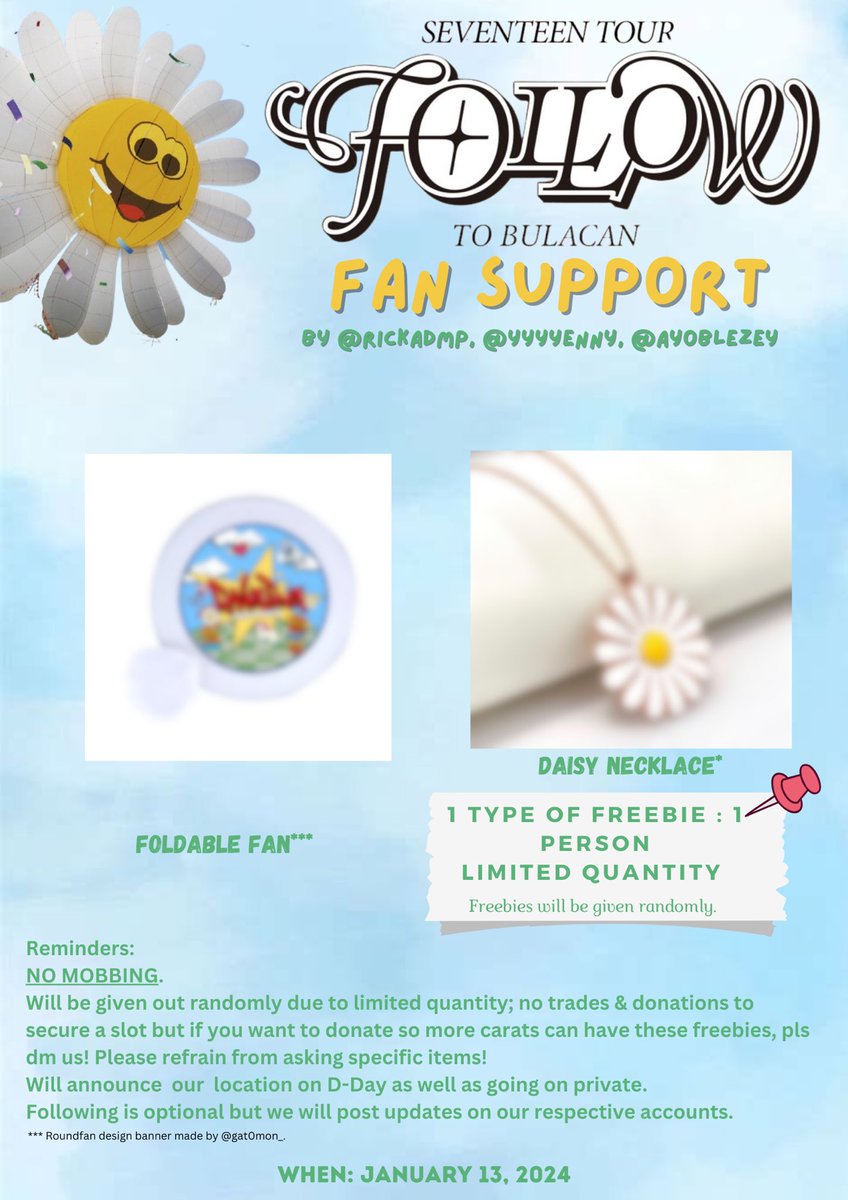 rickafalala's tweet photo. SEVENTEEN FOLLOW TOUR TO BULACAN FAN SUPPORT PROJECT 🩵🩷

by: @rickadmp, @yyyyenny &amp; @ayoBlezey 

☆ January 13, 2024 ; Philippine Sports Stadium
☆ retweet &amp; like; follow is optional (will priv on dday)
☆ actual photos will be shared before d-day
☆ STRICTLY 1:1 ; NO MOBBING! https://t.co/du9KYDcHgO