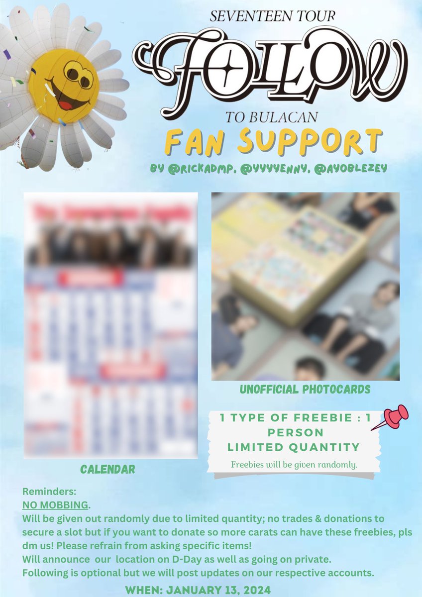 rickafalala's tweet photo. SEVENTEEN FOLLOW TOUR TO BULACAN FAN SUPPORT PROJECT 🩵🩷

by: @rickadmp, @yyyyenny &amp; @ayoBlezey 

☆ January 13, 2024 ; Philippine Sports Stadium
☆ retweet &amp; like; follow is optional (will priv on dday)
☆ actual photos will be shared before d-day
☆ STRICTLY 1:1 ; NO MOBBING! https://t.co/du9KYDcHgO