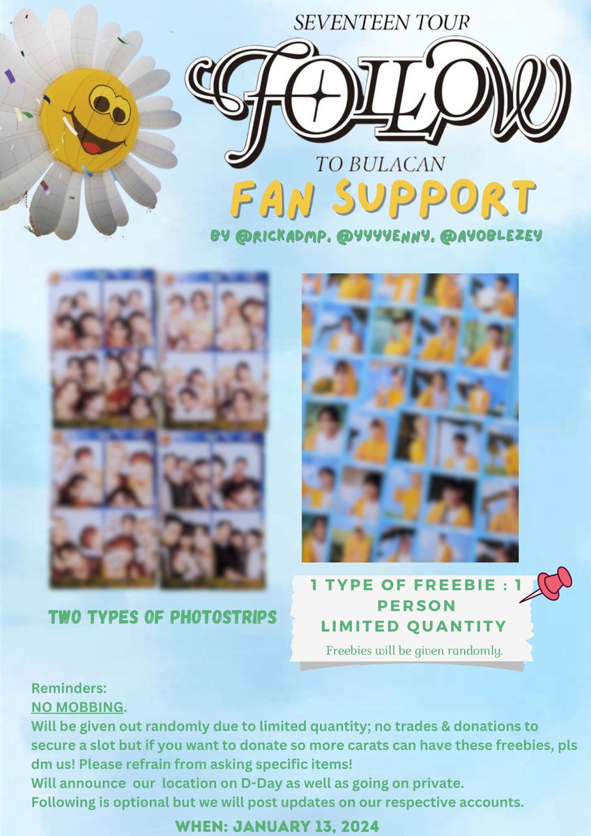 rickafalala's tweet photo. SEVENTEEN FOLLOW TOUR TO BULACAN FAN SUPPORT PROJECT 🩵🩷

by: @rickadmp, @yyyyenny &amp; @ayoBlezey 

☆ January 13, 2024 ; Philippine Sports Stadium
☆ retweet &amp; like; follow is optional (will priv on dday)
☆ actual photos will be shared before d-day
☆ STRICTLY 1:1 ; NO MOBBING! https://t.co/du9KYDcHgO
