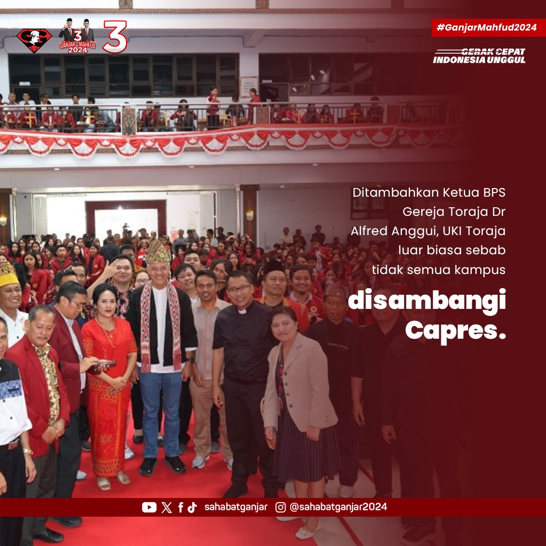 Penyair_Berdiri's tweet photo. Calon Presiden (Capres) Nomor urut 3 Ganjar Pranowo, Sabtu (25/11) memberikan kuliah umum kebangsaan di kampus Universitas Kristen Indonesia (UKI) Toraja.

#SahabatGanjar
#GanjarPresiden #GanjarUntukSemua #GanjarMahfud2024 https://t.co/bQnNJRizXJ