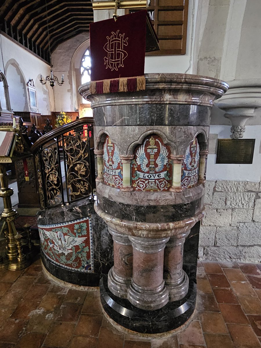 Fine discovery inside St Michael's, Betchworth @VisitSurrey celebrated by @YalePevsner: '5 kinds of marble & inlaid with mosaic panels of Faith, Hope & Love & the pelican in its piety...this sort of furniture is undervalued...as full of life & as robust as a Jacobean pulpit'