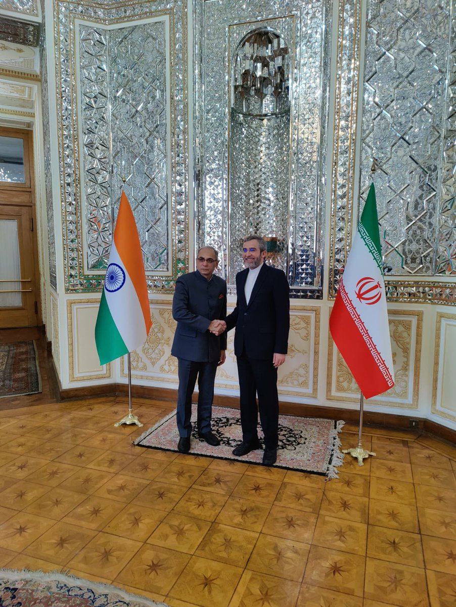 MEAIndia's tweet photo. Foreign Secretary Vinay Kwatra and Deputy FM for Political Affairs of Iran @Bagheri_Kani co-chaired the 18th 🇮🇳-🇮🇷 FOC in Tehran today.

The two sides took stock of a range of bilateral matters, including political, trade & economic, cultural, people-to-people ties, connectivity projects including Chabahar port, agriculture cooperation, & capacity building. 

Also exchanged views on current pressing regional and global issues.